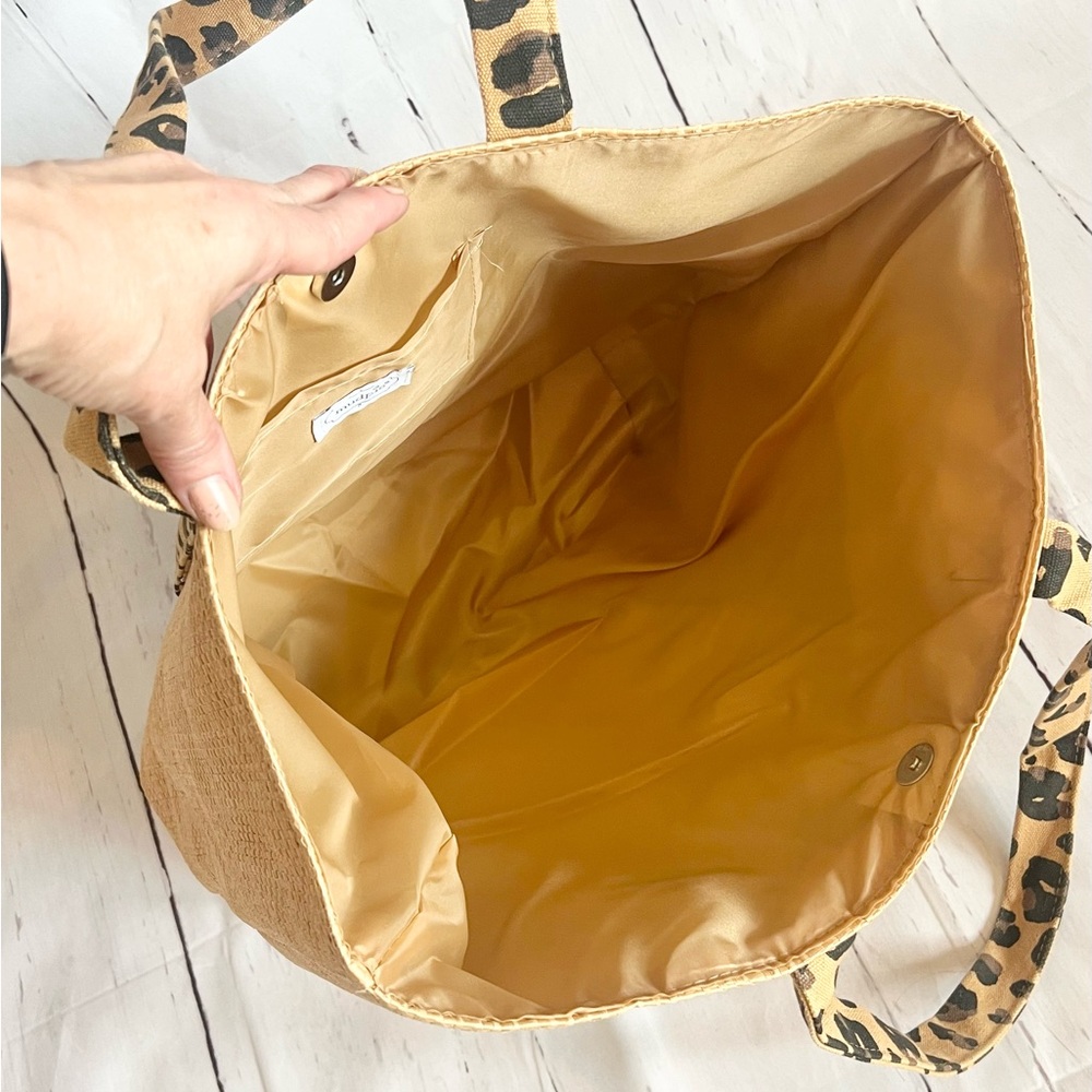 Mud Pie Straw Beach Tote Bag Leopard Print Straps with Sun Hat Holder - Picture 8 of 9